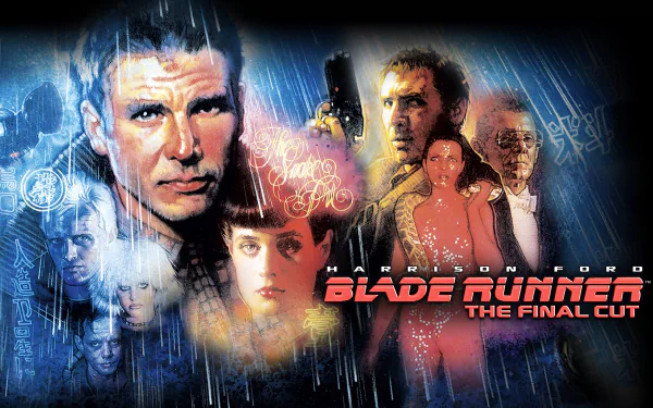 HD PC desktop wallpaper of Blade Runner: The Final Cut — rain-drenched neon collage of characters' faces, futuristic cityscapes and the movie title in bold red.