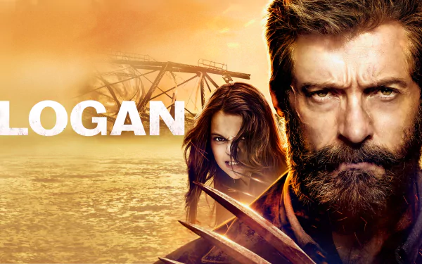 HD PC desktop wallpaper featuring intense close-ups of Logan and a female character with a fiery orange background and the movie title LOGAN displayed prominently.