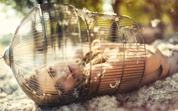 outdoor blonde blue eyes feather cage woman model HD Desktop Wallpaper | Background Image