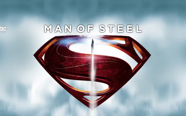 HD PC desktop wallpaper featuring the iconic red and silver Superman emblem with Man of Steel text against a cloudy sky background from the movie.