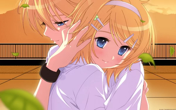 Anime characters Len Kagamine and Rin Kagamine, with blonde hair and blue eyes, embrace against a sunset backdrop with a few scattered leaves. This HD wallpaper evokes warmth and emotion.