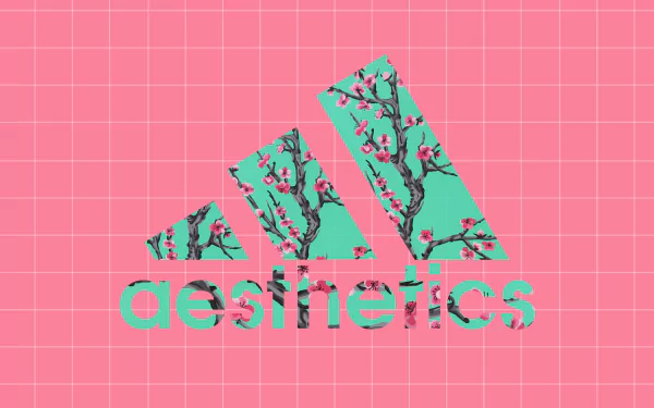 Artistic vaporwave HD desktop wallpaper: pink grid background with a turquoise Adidas trefoil patterned like Arizona Iced Tea cherry blossoms and the word aesthetics beneath.