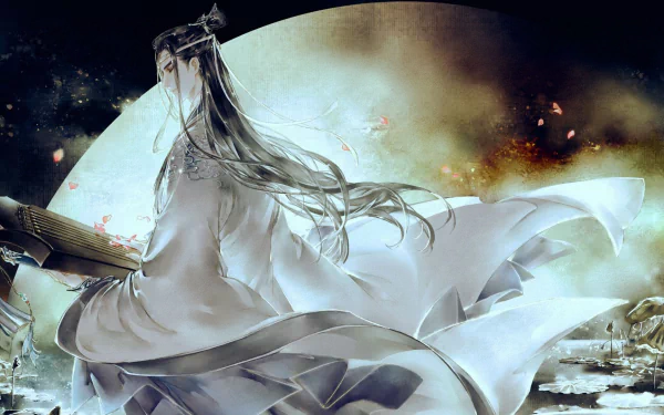 Lan Wangji from Mo Dao Zu Shi anime, in flowing white robes with wind-swept hair before a glowing moon — HD PC desktop wallpaper background.