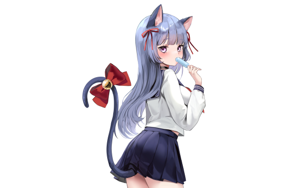 Anime Girl Animal Ears Blue Hair Cat Girl Long Hair Popsicle Purple Eyes School Uniform Skirt Tail HD Wallpaper | Background Image