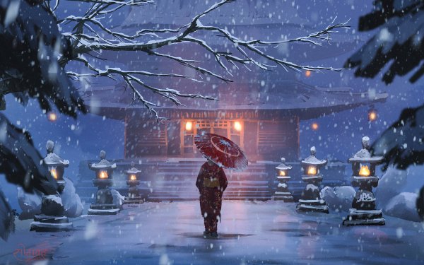 Anime Winter Umbrella Snow Lantern HD Wallpaper | Background Image