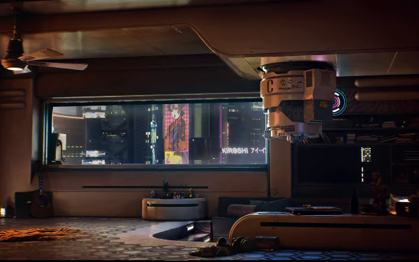 HD desktop wallpaper featuring a futuristic cyberpunk apartment from the video game Cyberpunk 2077, with a large window revealing a neon-lit cityscape and high-tech interior design.