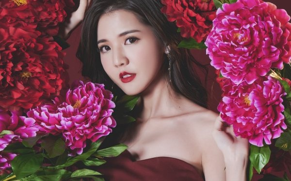 Women Asian Model Lipstick Flower Black Hair HD Wallpaper | Background Image