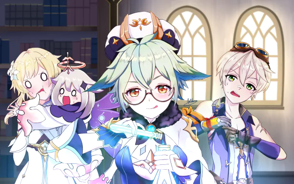 2K Quad HD PC desktop wallpaper of Genshin Impact characters Sucrose (center), Paimon (floating), Lumine (left) and Bennett (right) in a sunlit academy room.