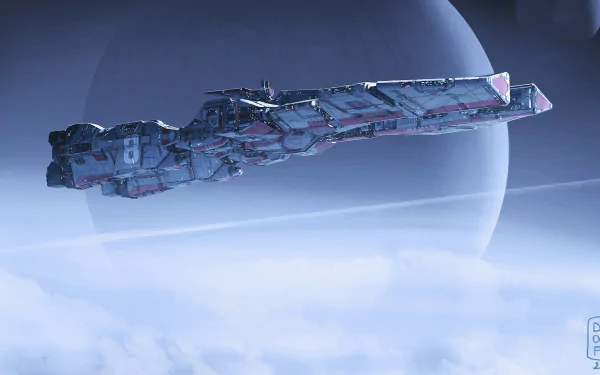 An HD desktop wallpaper featuring a futuristic spaceship from the video game Infinite Fleet, soaring through a misty atmosphere with a giant planet in the background.