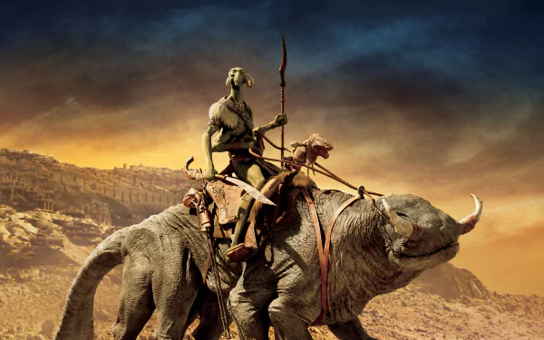 8K Ultra HD desktop wallpaper featuring a scene from the movie John Carter, showing a warrior riding a large, horned beast against a dramatic desert landscape.