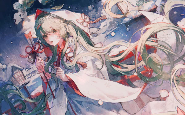 A stunning 4K Ultra HD wallpaper of Hatsune Miku in a snow-covered scene, featuring long green hair and a traditional kimono, embodying the essence of anime and Vocaloid culture.