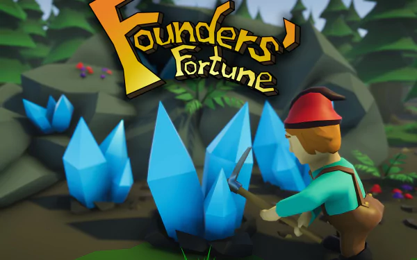 HD desktop wallpaper featuring the logo of Founders' Fortune with a stylized character and blue crystals.