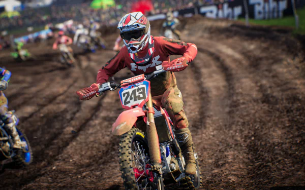 HD wallpaper of MXGP 2020 video game showing a motocross racer taking a sharp turn on a muddy track.