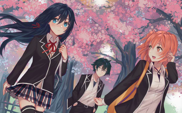 Anime wallpaper featuring Yui Yuigahama with pink hair, Hachiman Hikigaya with black hair, and Yukino Yukinoshita with long black hair, all in school uniforms under cherry blossoms.