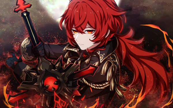 HD desktop wallpaper featuring Diluc from the video game Genshin Impact, showcasing the character's intense expression and fiery elements in the background.
