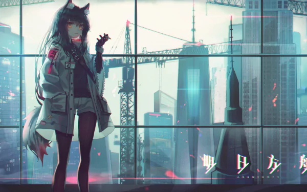 An 8K Ultra HD Arknights wallpaper featuring Texas with animal ears standing against a futuristic cityscape background.