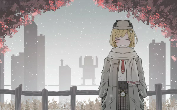 Anime-style 4K UHD desktop wallpaper featuring Watson Amelia, a Virtual YouTuber, standing calmly in a snowfall with city silhouettes and blossoming trees in the background.