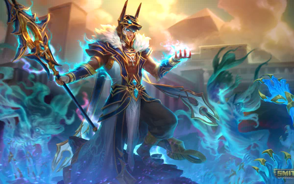 Anubis from Smite stands wielding a glowing staff, surrounded by blue energy in this vibrant 4K Ultra HD PC desktop wallpaper and background.