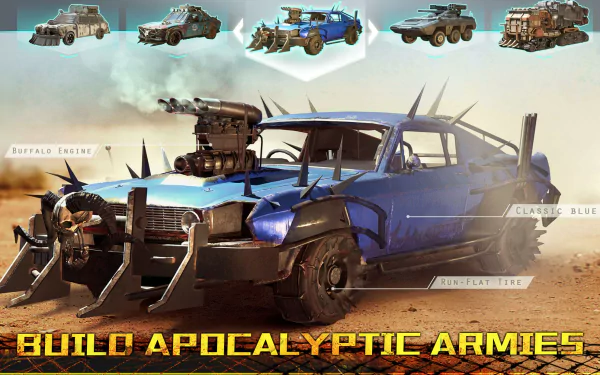 HD desktop wallpaper for Age of Z Origins featuring a modified blue car and the tagline Build Apocalyptic Armies with tanks in the background.