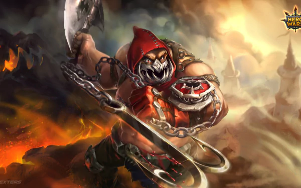 HD wallpaper featuring a Hero Wars character wielding a chain weapon against a fiery backdrop.