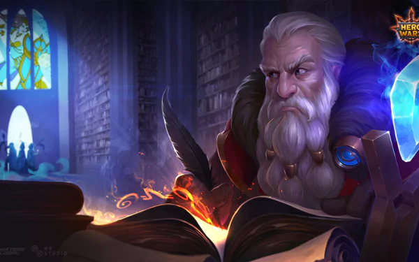 HD wallpaper of a bearded Hero Wars character reading a magical book with glowing runes, set against a castle library backdrop.