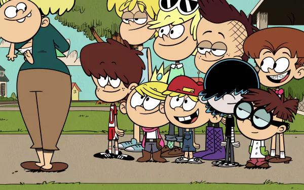 HD desktop wallpaper featuring characters from 'The Loud House' in front of their home.