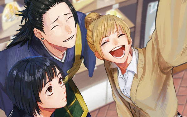 HD anime wallpaper featuring Jujutsu Kaisen characters Nanako, Mimiko, and Suguru Geto smiling and taking a selfie together.