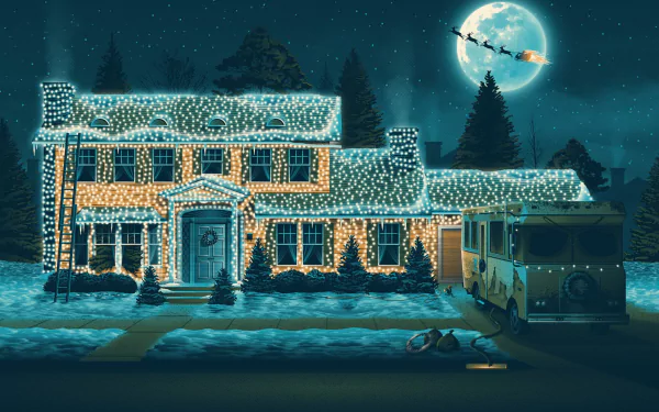 HD PC desktop wallpaper of the house from National Lampoon's Christmas Vacation: a snow-covered home drenched in Christmas lights, RV in the driveway, and Santa's sleigh silhouetted by the moon.