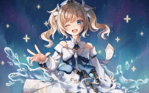HD PC desktop wallpaper featuring Barbara from the video game Genshin Impact, surrounded by sparkling stars and water effects.
