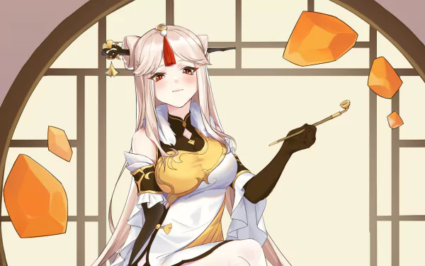 Ningguang (Genshin Impact) in white and gold attire, holding a jade pipe amid floating Geo gems before a round window — HD PC desktop wallpaper/background; video game artwork.