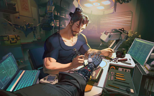 Hanzo from Overwatch is depicted in a detailed 4K Ultra HD PC desktop wallpaper, focused on repairing a mechanical arm in a high-tech workshop.