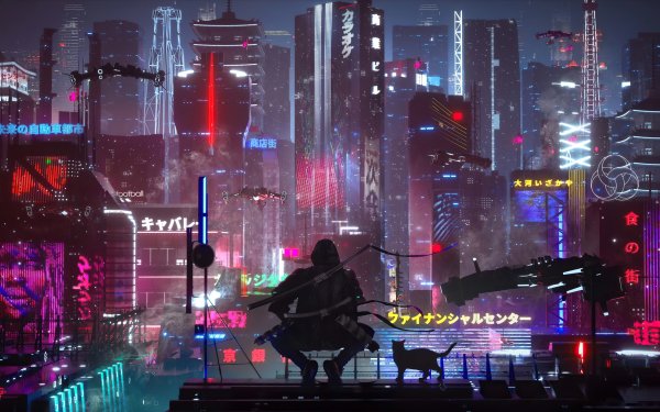 Sci Fi Cyberpunk Cat Futuristic Skyscraper City HD Wallpaper | Background Image
