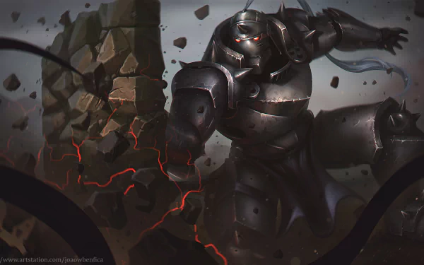HD PC desktop wallpaper of Alphonse Elric from the anime Fullmetal Alchemist, showcasing his armored form amidst a dark, rubble-filled background with glowing red cracks.
