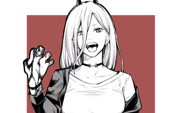 HD desktop wallpaper featuring Power from the anime Chainsaw Man. Power is depicted in black and white with a red background, giving a striking contrast.