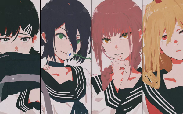 HD PC desktop wallpaper featuring Reze, Power, Makima, and Kobeni Higashiyama from the anime Chainsaw Man in a stylized, divided portrait design.