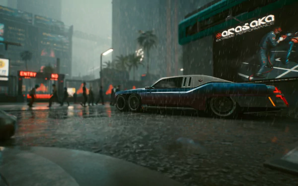 Rain-soaked Night City scene from Cyberpunk 2077, featuring a sleek car and neon-lit streets in 4K Ultra HD for a PC desktop wallpaper and background.