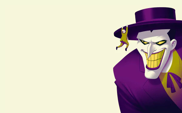 Joker from the TV show Batman: The Animated Series, grinning in a purple suit at right with a tiny Batman dangling from his hat — 2K Quad HD PC desktop wallpaper/background.