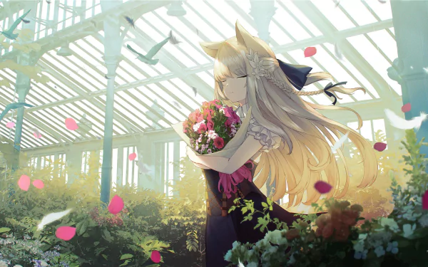Anime girl with long white hair and animal ears, wearing a dark dress and holding a bouquet of flowers in a sunlit greenhouse. HD desktop wallpaper and background.