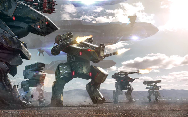 HD desktop wallpaper of War Robots with towering robots engaged in combat on a battlefield.
