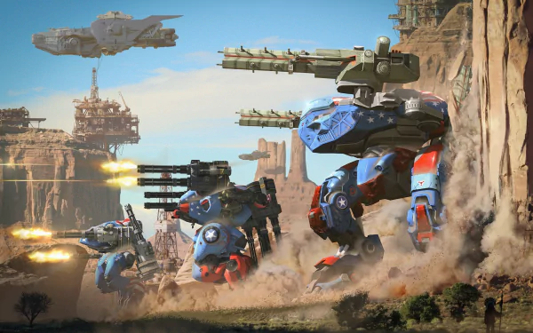 HD wallpaper of War Robots with combat mechs and flying warships engaged in a desert battle.