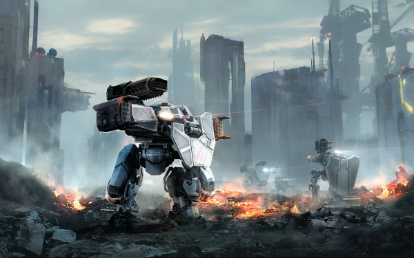 HD desktop wallpaper of War Robots with a battle-ready robot amidst an apocalyptic cityscape and fiery destruction.