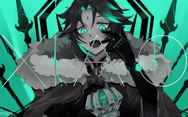 HD desktop wallpaper featuring Xiao, a character from the video game Genshin Impact. The vibrant image highlights Xiao's striking features and dynamic design, with bold colors and intricate details.