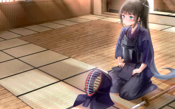 ponytail long hair japanese clothes brown hair aqua eyes Anime girl anime girl HD Desktop Wallpaper | Background Image