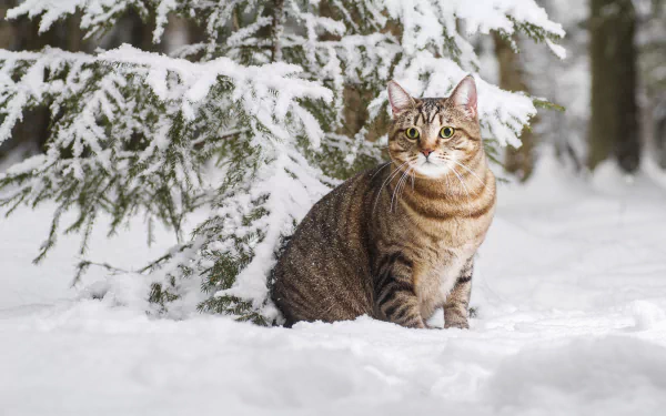 HD desktop wallpaper of a tabby cat sitting in the snow beneath snow-covered evergreen branches in a serene winter forest setting.