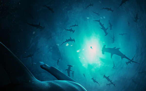 HD desktop wallpaper featuring a fantasy underwater scene with numerous hammerhead sharks silhouetted against a glowing blue light.