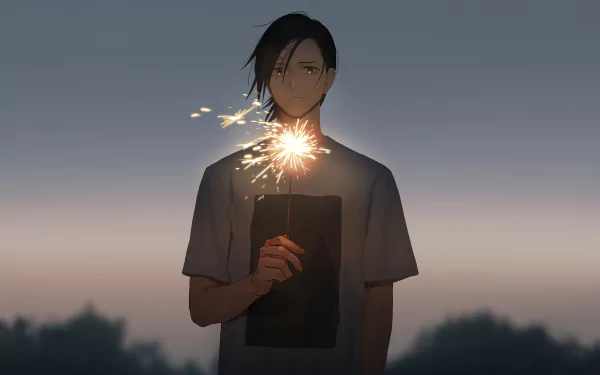 HD desktop wallpaper featuring Junpei Yoshino from the anime Jujutsu Kaisen, holding a sparkler against a serene twilight background.