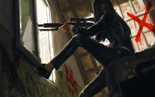 Anime girl with dark hair holding a rifle, perched on a windowsill inside a graffiti-covered room. 4K Ultra HD PC desktop wallpaper featuring girls and guns.