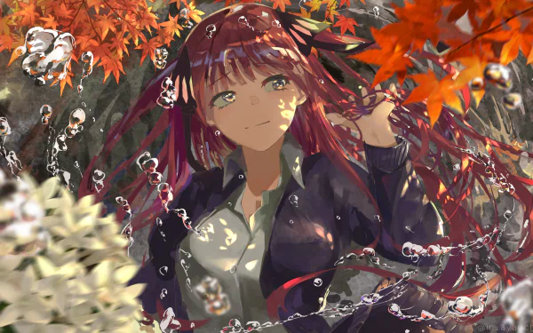 HD desktop wallpaper of Nino Nakano from the anime The Quintessential Quintuplets, featuring her with long pink hair amidst autumn leaves and a dark, serene background.