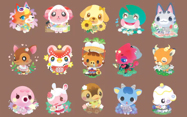 HD wallpaper of Animal Crossing: New Horizons characters, including Merengue and Zucker, on a brown background.