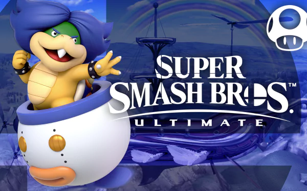 HD wallpaper of Ludwig von Koopa from Super Smash Bros. Ultimate with game logo and colorful background.